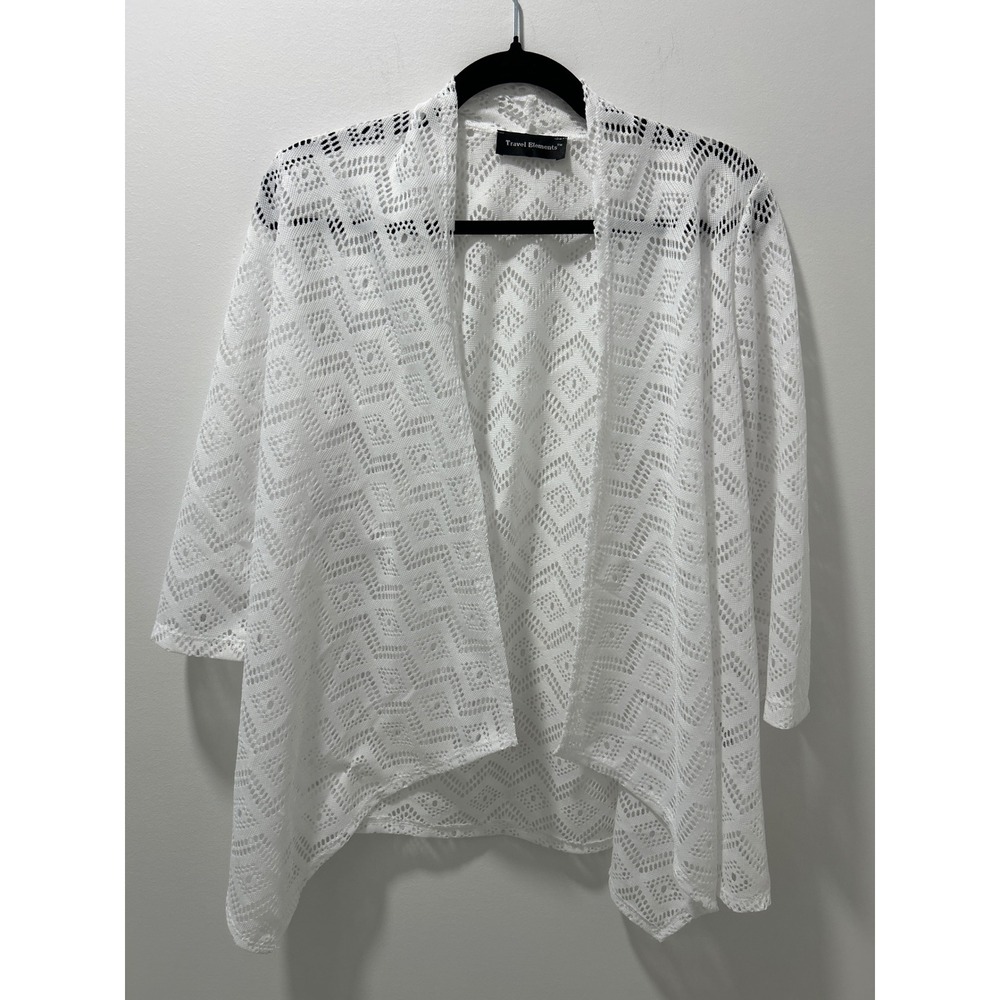 Travel Elements White Crochet Lace Open Front Cardigan Geometric Knit Sz Medium